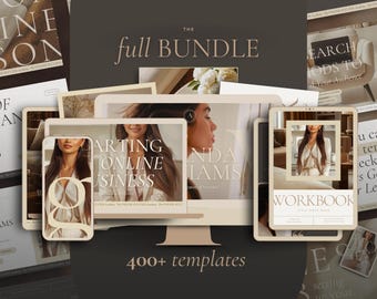 May include: An image showcasing a digital bundle of templates and workbooks. A computer monitor, tablet, and smartphone are visible, displaying the text "STARTING ONLINE BUSINESS". The image also includes the text "THE full BUNDLE" and "400+ templates".
