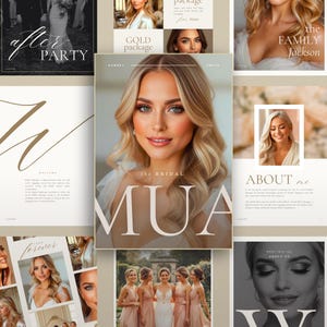 May include: A collage of images featuring a bride and wedding-related content. The central image showcases a woman with blonde hair, with the text "the BRIDAL MUA". Other images include the text "AFTER PARTY", "GOLD package", and "ABOUT me".