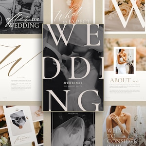 Puede incluir: Una colección de publicaciones con temática de bodas. La portada principal presenta la palabra "WEDDING" en letras grandes y en negrita sobre una foto en blanco y negro de una pareja besándose. Otras páginas incluyen textos como "What to Expect" y "About Me".