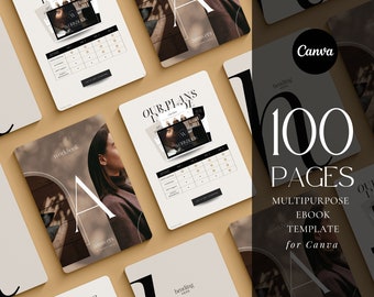Peut inclure: Une maquette d'un modèle d'ebook de 100 pages pour Canva. Le modèle présente un design minimaliste avec une palette de couleurs neutres de noir, blanc et marron. Le texte "100 Pages" est affiché en grande police gras. Le texte "Modèle d'ebook polyvalent pour Canva" est affiché en police plus petite sous le nombre.