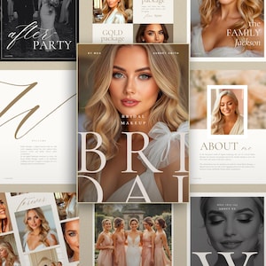 May include: A collage of images related to bridal makeup and weddings. The central image features a woman with blonde hair, the text "BRIDAL MAKEUP" and the word "BRIDE". Other images include a wedding party, and text that says "AFTER PARTY", "GOLD package", and "ABOUT me".