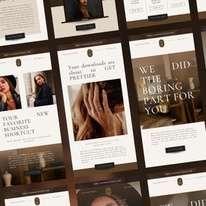 May include: A collection of digital marketing email templates featuring a neutral color palette of cream, white, and dark brown. The layouts include serif typography, photography of a person, and call-to-action buttons labeled Yes, I want them.