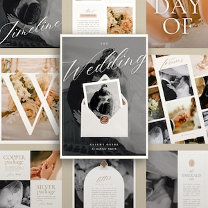 May include: A wedding client guide titled "The Wedding" in a stylish script font. The guide includes a monochrome photo of a couple embracing, within a white envelope with a wax seal. Other pages display wedding details.