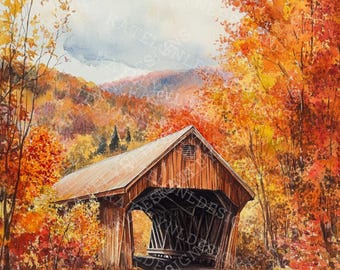 Aquarel Vermont overdekte brug herfst digitaal kunstbestand