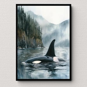 May include: A watercolor painting of an orca swimming in a misty, forested inlet. The orca is black and white with a white patch on its dorsal fin. The water is a deep blue and the sky is a light blue. The trees are a dark green and the mist is a light gray.