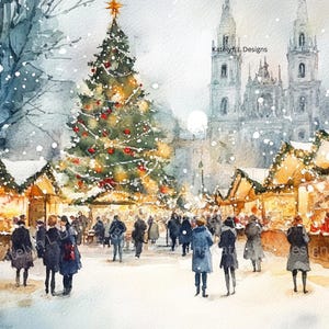 May include: A watercolour painting depicting a snowy Christmas market scene. A large decorated Christmas tree stands in the centre, surrounded by wooden market stalls and people walking around. A church can be seen in the background, with a snowy sky above.