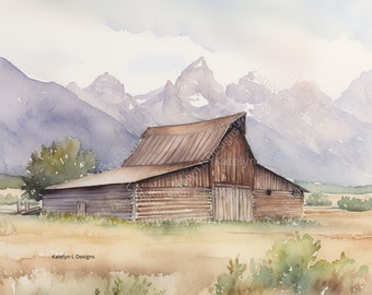 Grand Teton National Park Barn Watercolor Digital Download