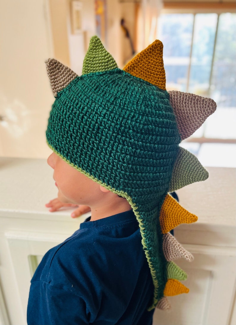 May include: A green, brown, and orange crocheted dinosaur hat with a long tail. The hat has a pointed top and a series of spikes along the back.