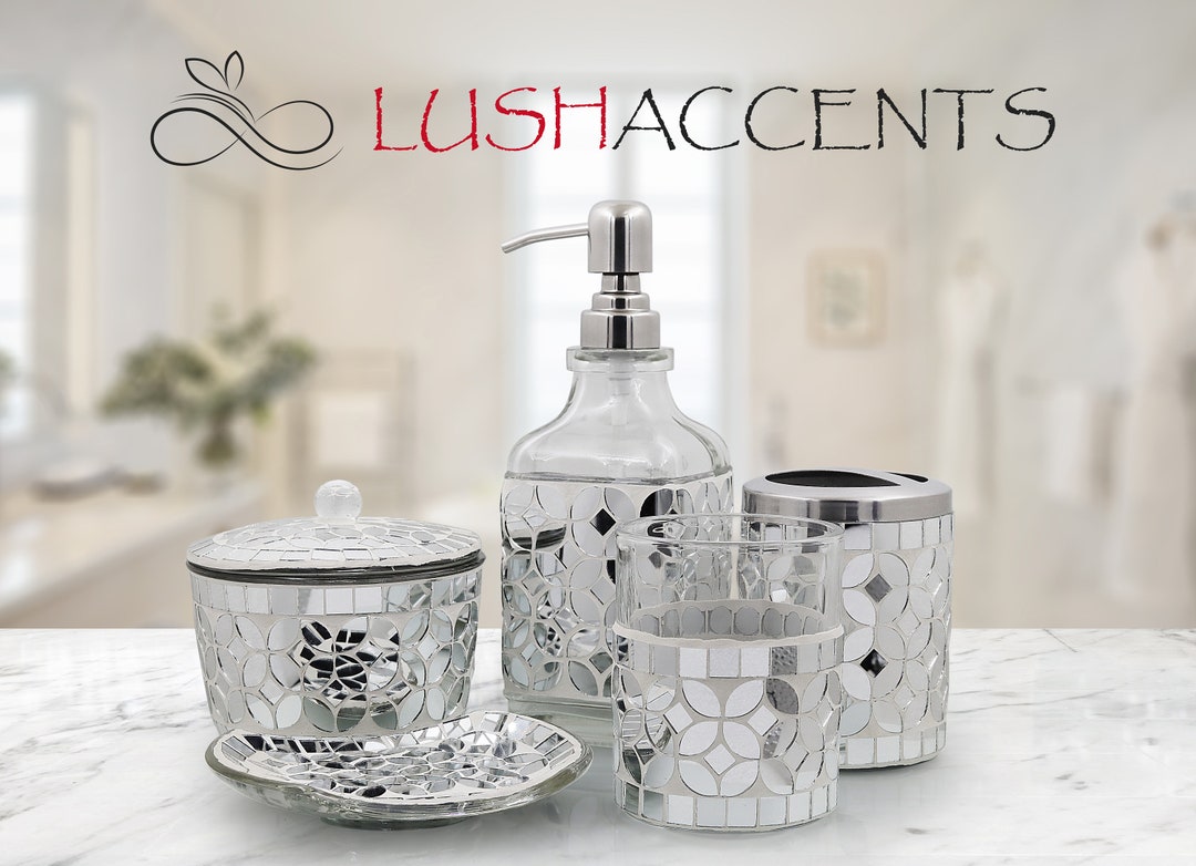 Lushaccents 5piece Decorative Glass Bathroom Accessories Set, Soap
