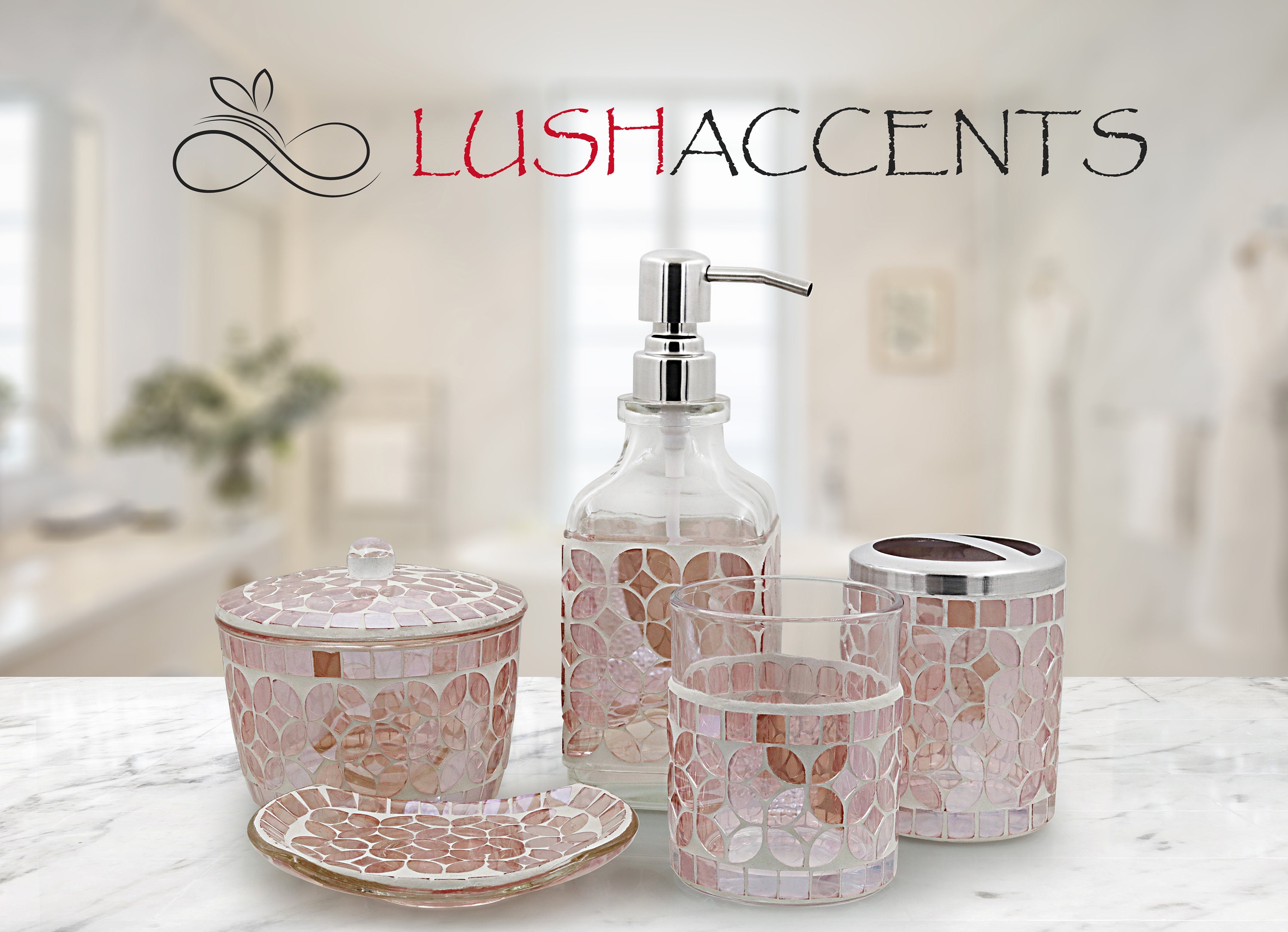 LushAccents Decorative Bathroom Accessories Set, 4-Piece, Soap Dispenser, Tray, Jar, Toothbrush Holder, Elegant Silver Mosaic Glass