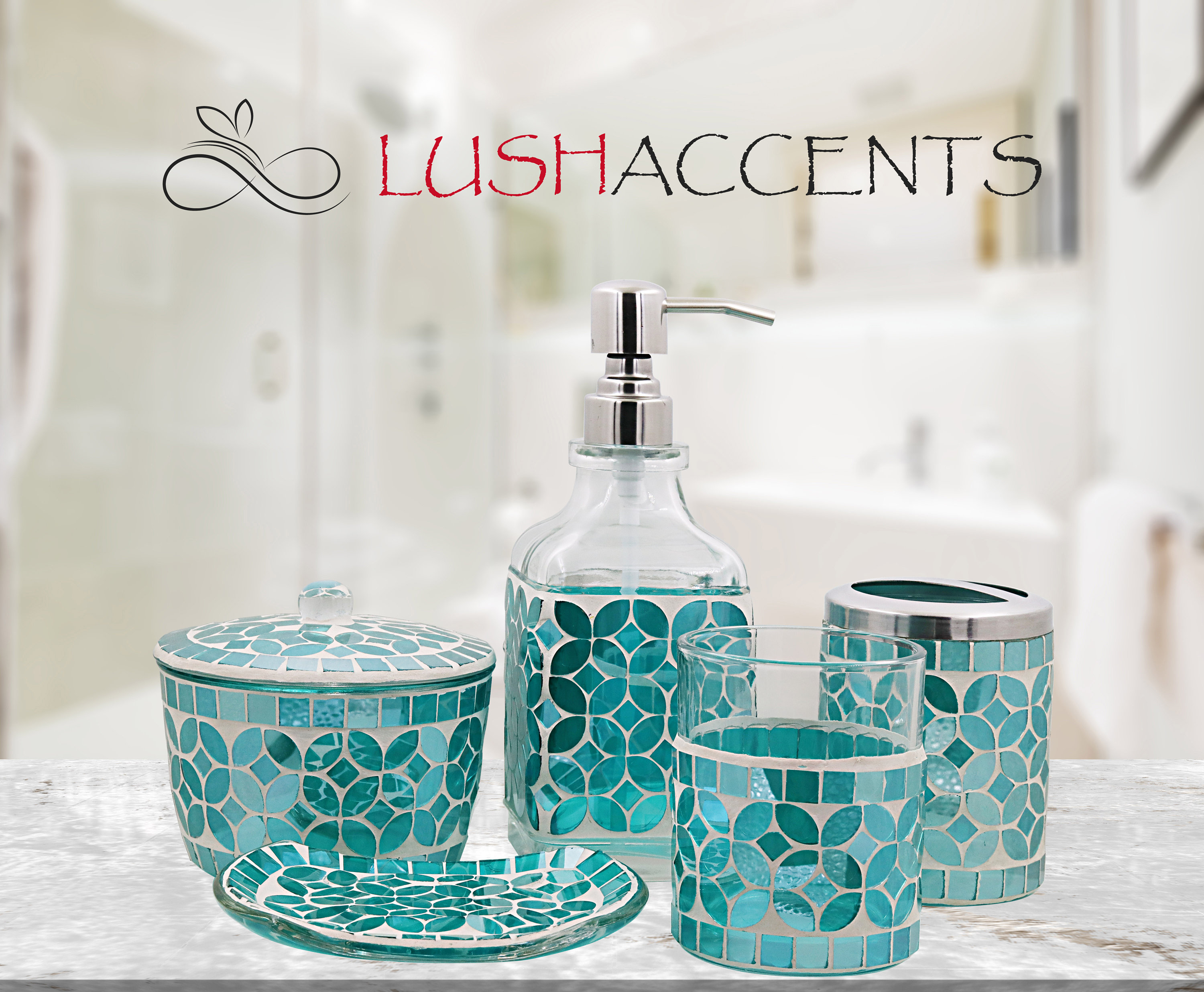 LushAccents Bathroom Accessories Set, 4-Piece Decorative Glass Bathroom  Accessories Set, Soap Dispenser, Soap Tray, Jar, Toothbrush Holder, Elegant