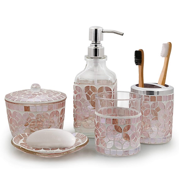 LushAccents Decorative Bathroom Accessories Set, 4-Piece, Soap Dispenser,  Tray, Jar, Toothbrush Holder, Elegant Silver Mosaic Glass