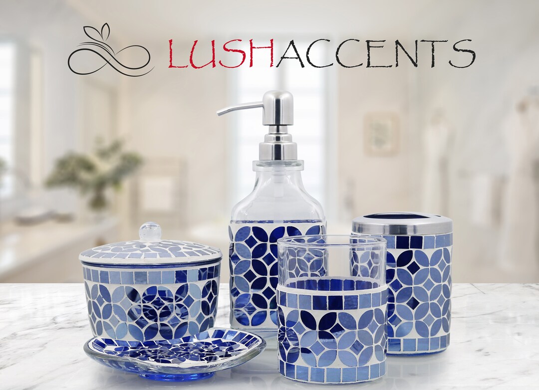 Lushaccents 5piece Decorative Glass Bathroom Accessories Set, Soap