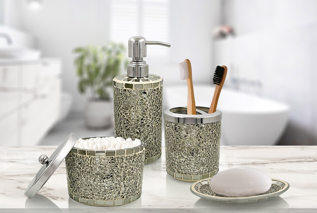 Lushaccents Bathroom Accessories Set 4piece Decorative Glass Etsy