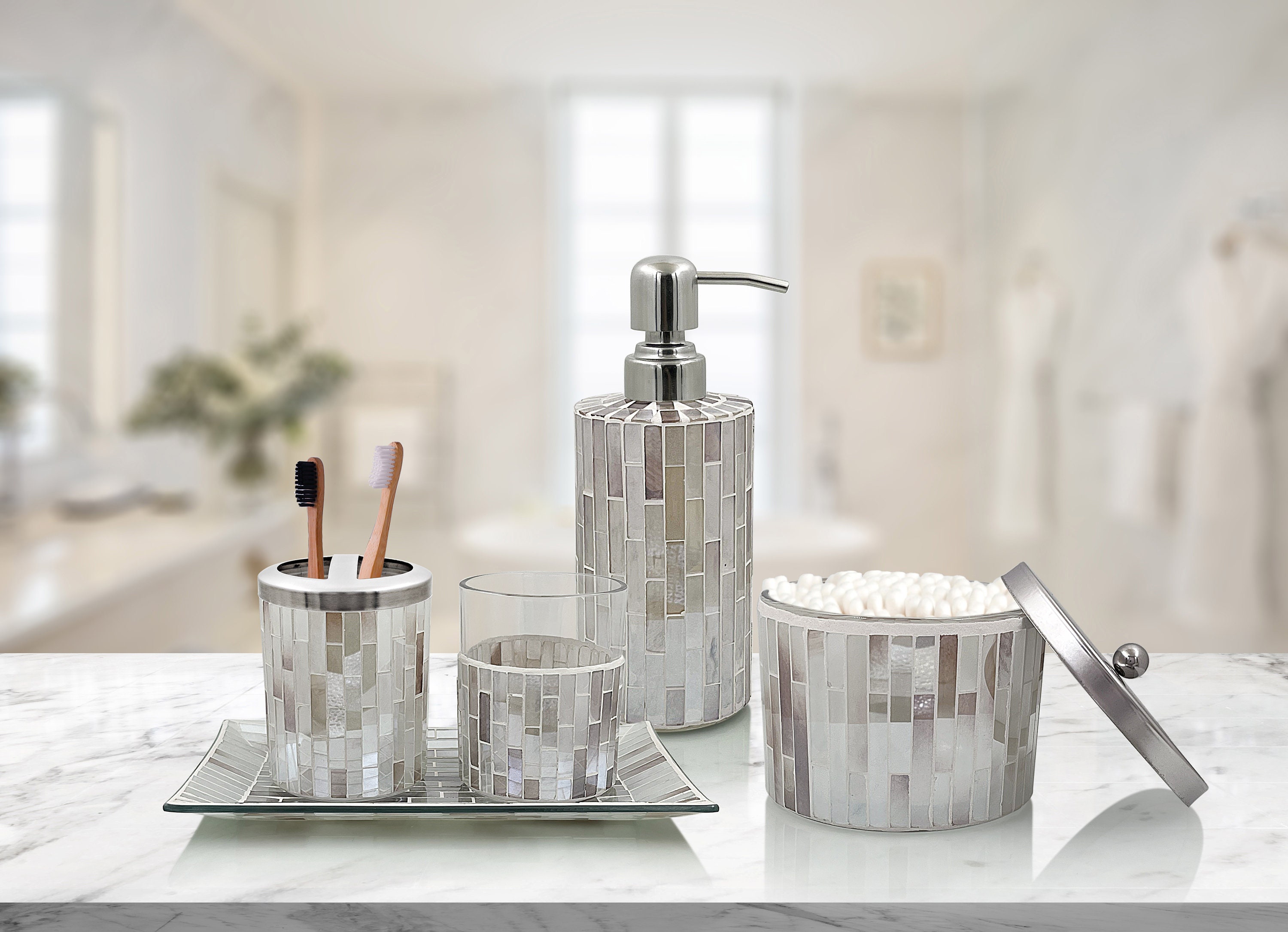  Creative Scents Silver Bathroom Accessories Set Complete - 6  Piece Mosaic Glass Bathroom Accessory Set Includes: Trash Can, Tissue Box  Cover, Soap Dispenser, Toothbrush Holder, Soap Dish & Tumbler : Home