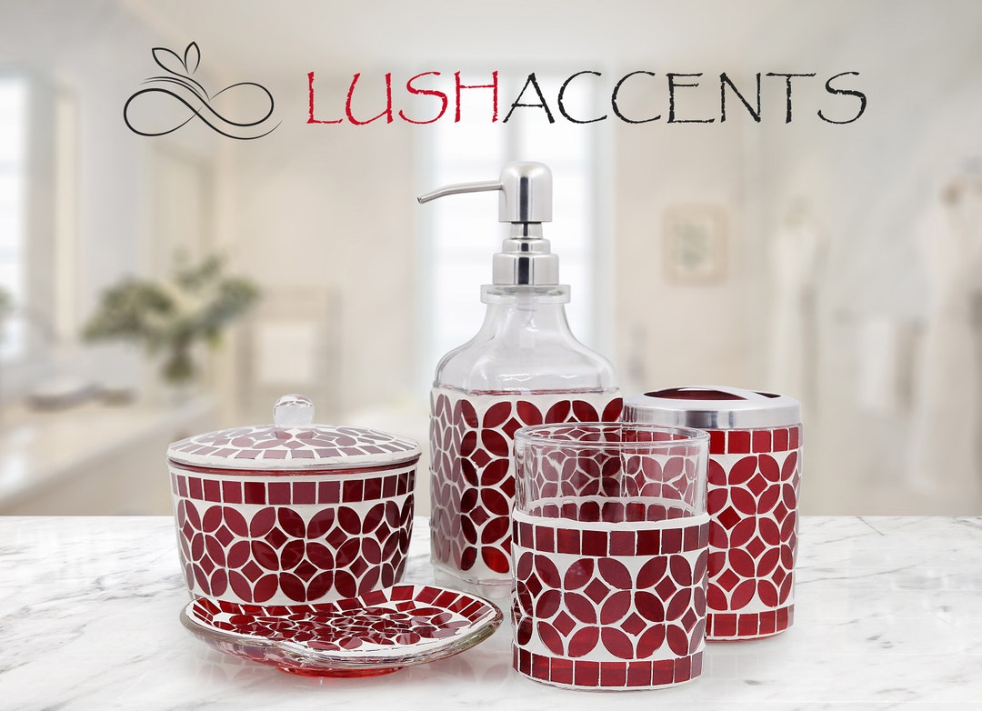 Lushaccents 5piece Decorative Glass Bathroom Accessories Set, Soap