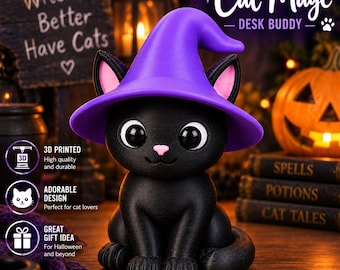 3D Printed Witch Cat | Cute Halloween Cat Decor | Black Cat Witch Figurine | Halloween Desk Buddy | Spooky Shelf Decor