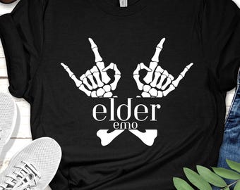 Camiseta de emo anciano: gráfico de mano de esqueleto de roca, camiseta de algodón suave