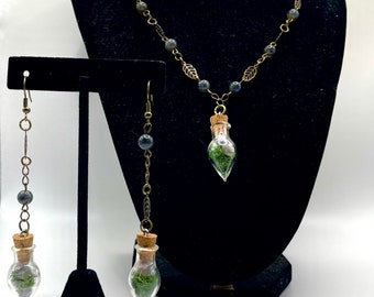 Glass vial necklace and earrings set