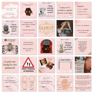Pode incluir: Uma colagem de imagens rosa e brancas com texto sobre bronzeamento a spray. O texto inclui citações, dicas e ditos engraçados sobre bronzeamento a spray.