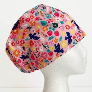 Pink Tropical Garden Floral EURO Scrub Cap, Strawberry Fun Surgical Scrub Cap for Women, Adjustable Elastic with Cord Lock Toggle