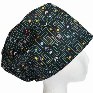 80s Arcade Game Retro EURO Scrub Cap, Fun Surgical Scrub Cap for Women, Adjustable Elastic with Cord Lock Toggle