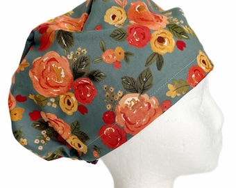 Gorro quirúrgico europeo con estampado floral Fall Cottage Meadow, gorro quirúrgico de otoño para mujer, elástico ajustable con cierre de cordón.