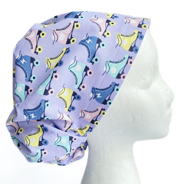 Roller Boogie 80s EURO scrub Cap, Roller Skate Euro Scrub Hat, Pixie Surgical Scrub Cap for Women, Adjustable Elastic with Cord Lock Toggle