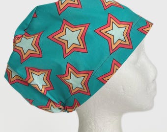 Retro Stars Teal EURO Scrub Cap, Adjustable Surgical Hat
