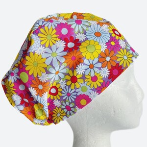 Bright 70s Floral EURO Scrub Cap, Spring Retro Surgical Scrub Cap for Women, Adjustable Elastic with Cord Lock Toggle