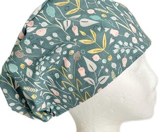 Cottage Meadow Floral Scrub Cap: Adjustable Euro Style, 100% Cotton