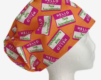 Pink Orange Anesthesia Name Tag Scrub Cap: Euro Style, Adjustable Fit
