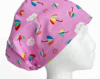 Pink Spring Showers Surgical Scrub Cap: Retro Rainbow Summer Euro Style, Adjustable Fit
