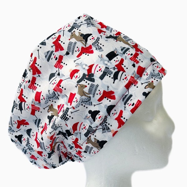 Snowman Convention Winter EURO Scrub Cap, Sassy Fun Christmas Surgical Scrub Cap for Women, Adjustable Elastic with Cord Lock Toggle