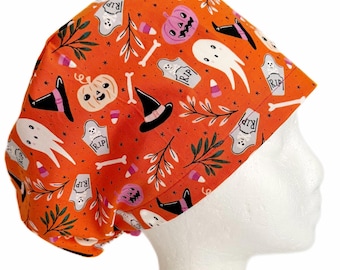 Gorro quirúrgico con iconos de Halloween de fantasmas, gorro quirúrgico para mujer, elástico ajustable con cierre de cordón.