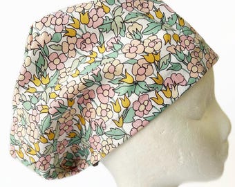 Pastel Floral Surgical Scrub Cap: Retro Euro Style, Adjustable Fit