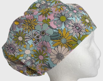 Gorro quirúrgico retro estilo años 70 con estampado floral hippie azul, gorro quirúrgico divertido y moderno para mujer, elástico ajustable con cierre de cordón.