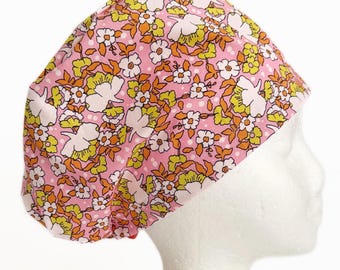 Pink Pastel Floral Surgical Scrub Cap: Retro Spring Summer Euro Style, Adjustable Fit