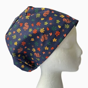 May include: A blue scrub hat with a pattern of squirrels, leaves, and mushrooms.