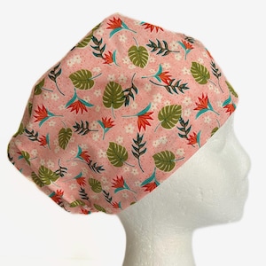 Tropical Plant EURO Scrub Cap, Plant Lady Euro Scrub Hat, Pixie Surgical Scrub Cap for Women, Adjustable Elastic with Cord Lock Toggle