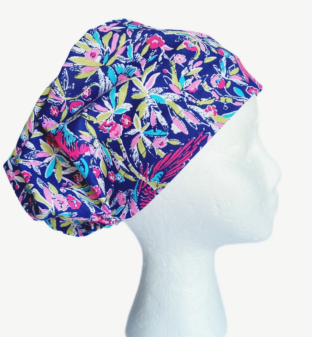Tropical Hidden Parrot Floral EURO Scrub Cap, Summer Surgical Scrub Cap