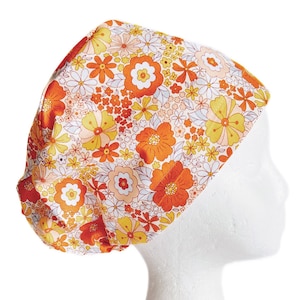 Sunny Colors 70s Floral EURO Scrub Cap, Spring Retro Surgical Scrub Cap for Women, Adjustable Elastic with Cord Lock Toggle