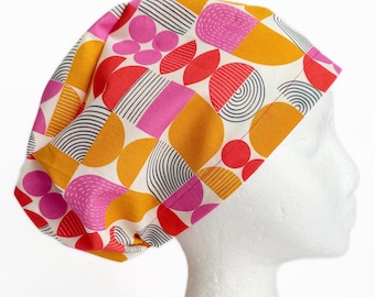 Gorro quirúrgico retro estilo años 70 con estampado gráfico rosa, gorro quirúrgico divertido y moderno para mujer, elástico ajustable con cierre de cordón.