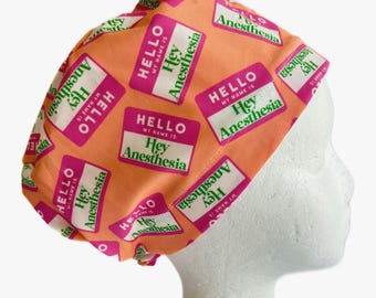 Hey Anesthesia Scrub Cap: Pink Orange Name Tag, Euro Surgical Hat