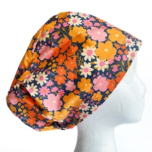 Floral 70s Retro Scrub Cap: Adjustable Euro Surgical Hat