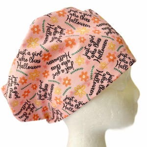 Just a Girl Who Loves Halloween EURO Funny Scrub Cap, Pink Floral Skulls Surgical Scrub Cap for Women, Adjustable Elastic Cord Lock Toggle