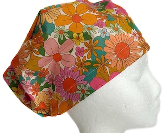 Happy Hippie Floral 70s Retro EURO scrub Cap, Groovy Fun Surgical Scrub Cap for Women, Adjustable Elastic with Cord Lock Toggle