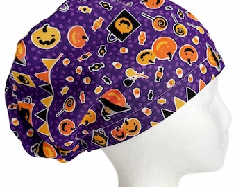 Gorro quirúrgico EURO con diseño de calabaza morada para Halloween, gorro quirúrgico para mujer, elástico ajustable con cierre de cordón.
