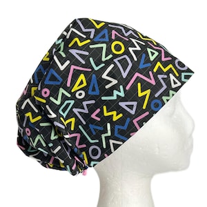 Graphic 80s Shapes Retro EURO scrub Cap, Fun 90s Y2K Surgical Scrub Cap for Women, Adjustable Elastic with Cord Lock Toggle