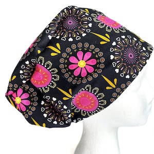 Pink Groovy 70s Flower EURO Scrub Cap, Retro Surgical Scrub Cap for Women, Adjustable Elastic with Cord Lock Toggle